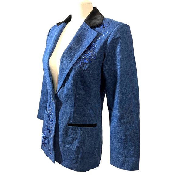 Coldwater Creek Vintage Velvet Embroidered Denim Blazer Sz 4 Petite Blue Black - Picture 6 of 14
